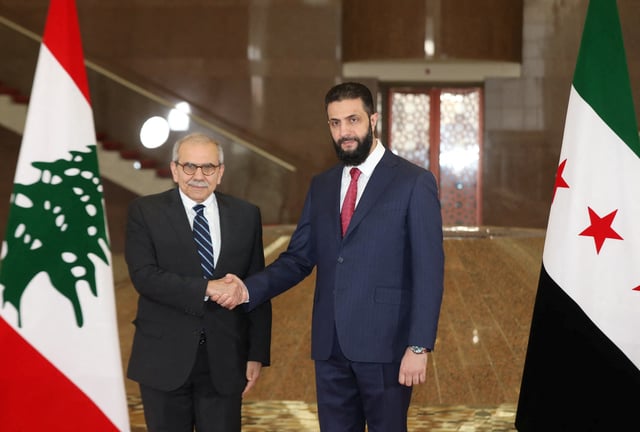 Lebanese Prime Minister Nawaf Salam meets with Syrian President Ahmed al-Sharaa in Damascus, Syria April 14, 2025. Dalati Nohra/Handout via REUTERS