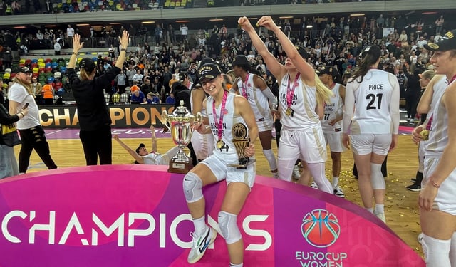 Basketball - EuroCup Women - Final - London Lions v Besiktas - Copper Box Arena in London, Britain - April 10, 2024. Most Valuable Player Karlie Samuelson celebrates the win. REUTERS/Martyn Herman/File Photo