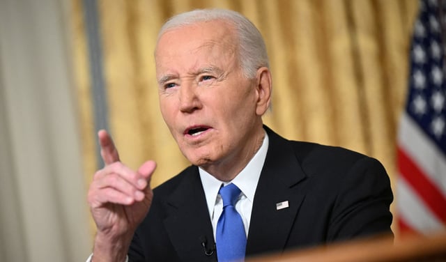 US President Joe Biden delivers his farewell address to the nation from the Oval Office of the White House in Washington, DC, on Jan. 15, 2025. 