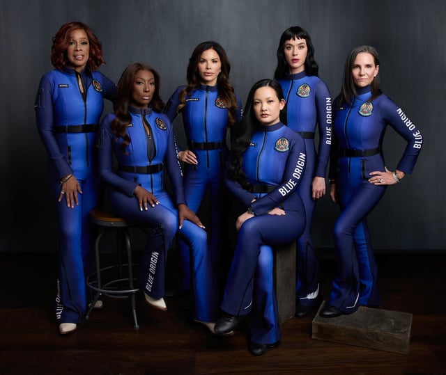 Blue Origin will launch an all-female crew April 14, 2025, from Texas. From left are television personality Gayle King, former NASA rocket scientist Aisha Bowe, journalist Lauren Sánchez, bioastronautics research scientist Amanda Nguyen, pop star Katy Perry and film producer Kerianne Flynn.