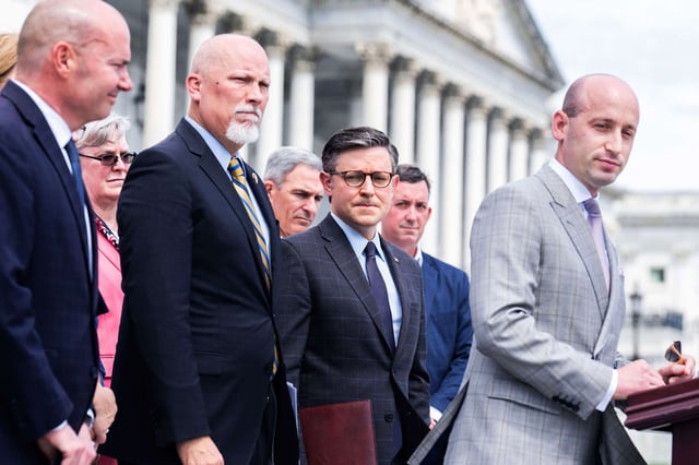 From right, Stephen Miller, a former aide in the Trump White House, Speaker of the House Mike Johnson, Rep. Chip Roy, and Sen. Mike Lee conduct a news conference at the House steps of the U.S. Capitol to introduce the Safeguard American Voter Eligibility (SAVE) Act on May 8, 2024.