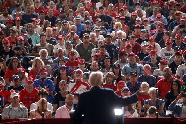 Supporters listen Donald Trump speak at a rally in Harrisburg, Pa., on July 31, 2024. 