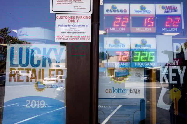 Advertisements for the California Lottery are seen outside a liquor store. A man apparently living on the streets of San Luis Obispo recently won a $1 million jackpot on a California Lottery scratcher bought at Sandy’s Deli-Liquor.