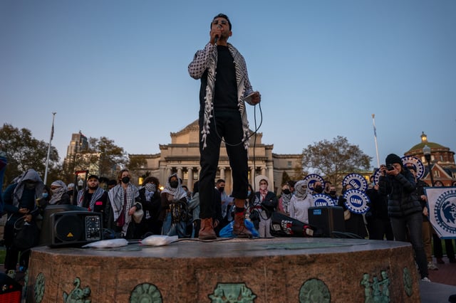 Mohsen Mahdawi speaks to a rally in support of Palestine and for free speech at Columbia University campus on November 14, 2023 in New York City.