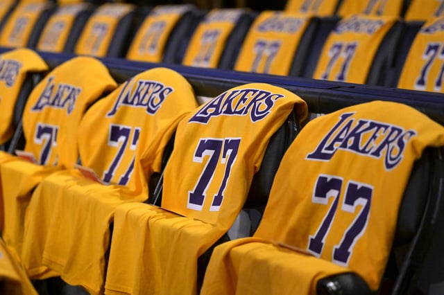 Feb 10, 2025; Los Angeles, California, USA;   Los Angeles Lakers guard Luka Doncic (77) jerseys are draped on every seat at Crypto.com Arena for the game against the Utah Jazz. Mandatory Credit: Jayne Kamin-Oncea-Imagn Images/File photo