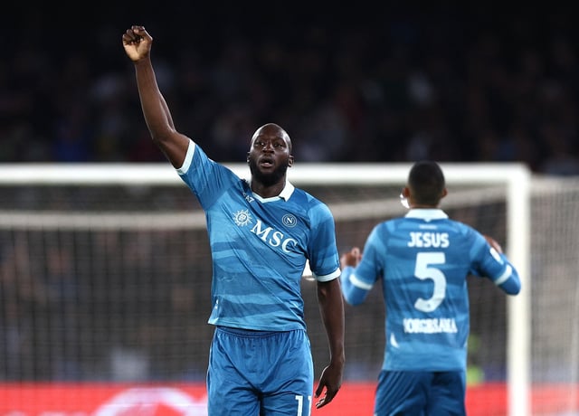 Soccer Football - Serie A - Napoli v Empoli - Stadio Diego Armando Maradona, Naples, Italy - April 14, 2025 Napoli's Romelu Lukaku celebrates scoring their second goal. REUTERS/Guglielmo Mangiapane