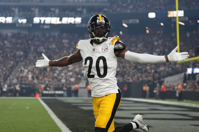Sep 24, 2023; Paradise, Nevada, USA; Pittsburgh Steelers cornerback Patrick Peterson (20) celebrates after intercepting a pass against the Las Vegas Raiders in the second half at Allegiant Stadium. Mandatory Credit: Kirby Lee-USA TODAY Sports/File photo