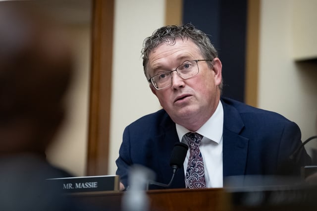 Representative Thomas Massie can be seen questioning U.S. Attorney General Merrick Garland during a hearing by the House Judiciary Committee, Washington, D.C., June 4, 2024. (Photo by Allison Bailey / Middle East Images / Middle East Images via AFP) (Photo by ALLISON BAILEY/Middle East Images/AFP via Getty Images)