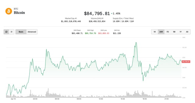 Bitcoin (BTC) price on April 14 (CoinDesk)