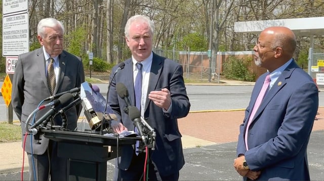 U.S. Senator Chris Van Hollen talks to reporters outside the National Aeronautics and Space Administration (NASA) Goddard Space Flight Center, which he says has been targeted for deep budget cuts. (Jeff Barker/Staff)