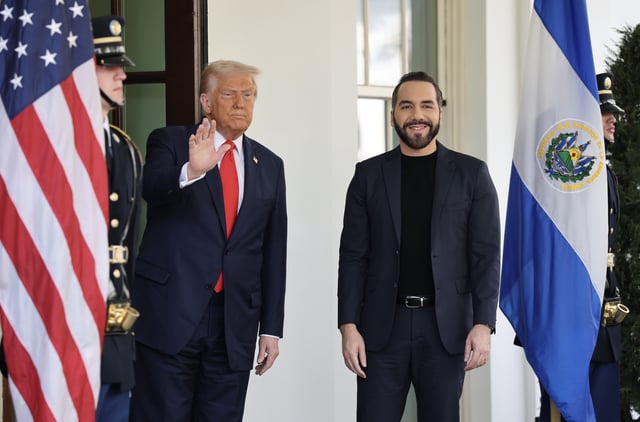 U.S. President Donald Trump welcomes President Nayib Bukele of El Salvador to the White House April 14, 2025 in Washington, DC.