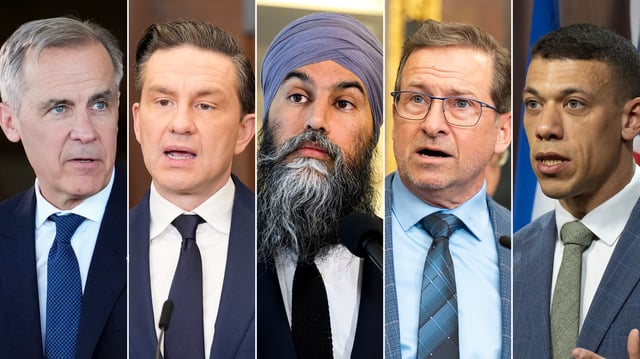 This composite image shows, left to right, Liberal Leader Mark Carney on March 21, 2025; Conservative Leader Pierre Poilievre on March 4, 2025; NDP Leader Jagmeet Singh on Jan. 22, 2025; Bloc Leader Yves-Francois Blanchet on March 5, 2025 and Green Party co-leader Jonathan Pedneault on March 5, 2025, in Ottawa.