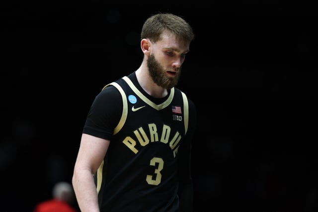Mar 28, 2025; Indianapolis, IN, USA; Purdue Boilermakers guard Braden Smith (3) reacts after the game against the Houston Cougars during a Midwest Regional semifinal of the 2025 NCAA tournament at Lucas Oil Stadium. Mandatory Credit: Trevor Ruszkowski-Imagn Images/File photo