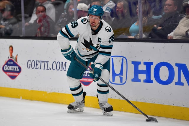 Jan 31, 2024; Anaheim, California, USA; San Jose Sharks center Logan Couture (39) controls the puck during the third period at Honda Center. Mandatory Credit: Gary A. Vasquez-USA TODAY Sports/File photo