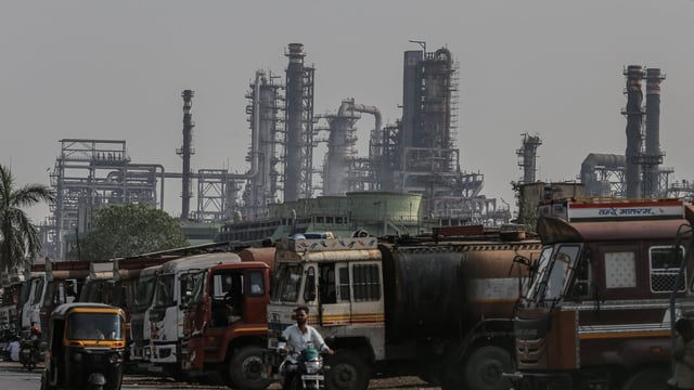 Oil tanker trucks outside an oil refinery operated by Bharat Petroleum Corp. Ltd., in Mumbai, India, on Friday, April 4, 2025. Indian refiners have rushed back to the market to seek crude supply after President Donald Trump's threat of more penalties against Russia raised concerns over potential disruptions to oil flows.