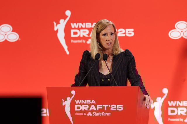 Apr 14, 2025; New York, New York, USA; WNBA commissioner Cathy Engelbert talks to the media before the 2025 WNBA Draft at The Shed at Hudson Yards. Mandatory Credit: Vincent Carchietta-Imagn Images
