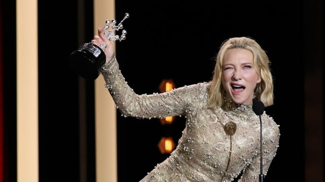 Cate Blanchett accepting an award in Spain in 2024