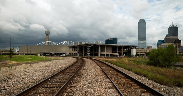 Railroad tracks near a proposed bullet train terminus on the outskirts of downtown Dallas, on Thursday, Aug. 25, 2022.