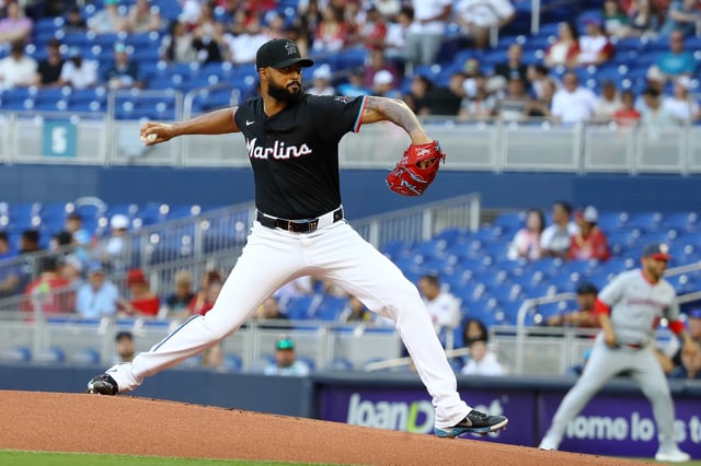MIAMI, FLORIDA - APRIL 12: Sandy Alcantara #22 of the Miami Marlins pitches against the Washington Nationals during the first inning of the game at loanDepot park on April 12, 2025 in Miami, Florida.