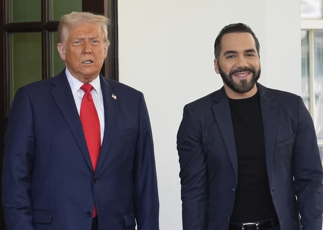 President Donald Trump, left, greets El Salvador's President Nayib Bukele as Bukele arrives at the White House, Monday, April 14, 2025, in Washington. (AP Photo/Manuel Balce Ceneta)