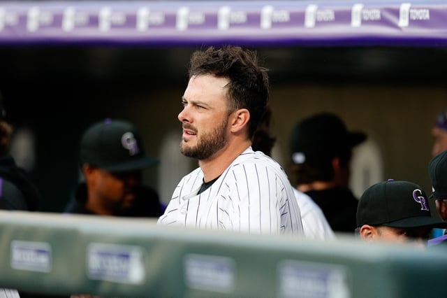 Apr 9, 2025; Denver, Colorado, USA; Colorado Rockies designated hitter Kris Bryant (23) looks on from the dugout before the game against the Milwaukee Brewers at Coors Field. Mandatory Credit: Isaiah J. Downing-Imagn Images/File photo