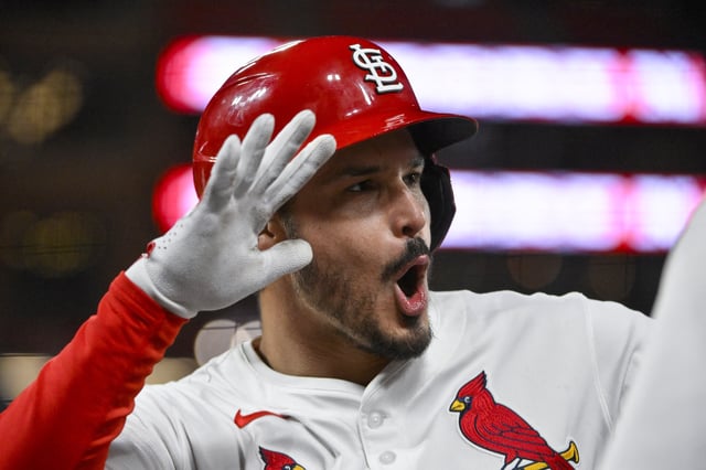 Apr 14, 2025; St. Louis, Missouri, USA;  St. Louis Cardinals third baseman Nolan Arenado (28) reacts after hitting a solo home run against the Houston Astros during the seventh inning at Busch Stadium. Mandatory Credit: Jeff Curry-Imagn Images