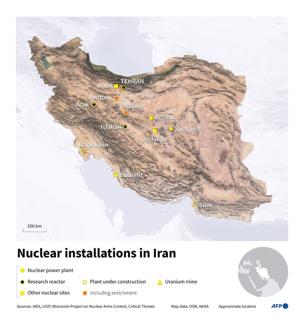 Infographic with a map of Iran showing nuclear sites, reactors and uranium mines.