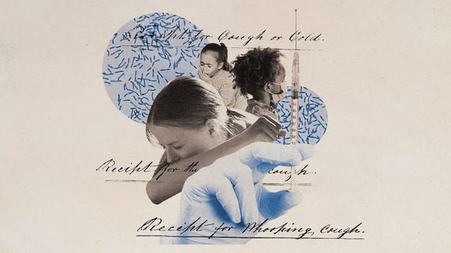 Photo collage of coughing children and a gloves hand holding a whooping cough vaccine in a syringe, with bacteria in the background