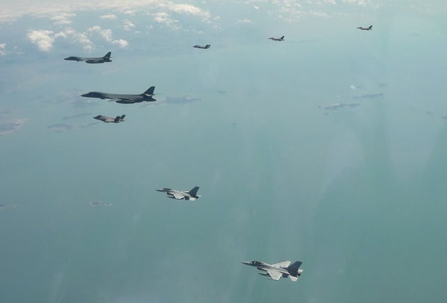 Two U.S. B-1B bombers stage joint drills with South Korean and U.S. fighter jets over the Korean Peninsula on April 15, 2025, in this photo released by the defense ministry. (PHOTO NOT FOR SALE) (Yonhap)