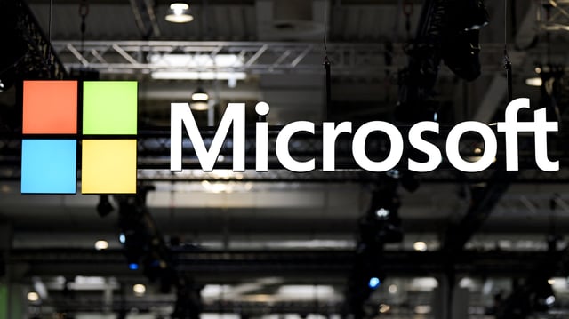 A view shows the Microsoft logo on the day of the Hannover Messe, one of the world's largest industrial trade fairs with this year's partner country being Canada, as both Canada and the European Union face new U.S. tariffs, in Hanover, Germany, March 31, 2025.  REUTERS/Fabian Bimmer