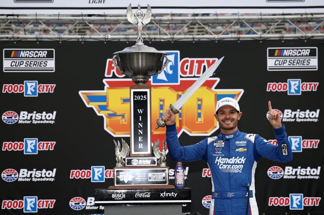 Kyle Larson, driver of the #5 HendrickCars.com Chevrolet, celebrates in victory lane after winning the NASCAR Cup Series Food City 500 at Bristol Motor Speedway on April 13, 2025 in Bristol, Tennessee.