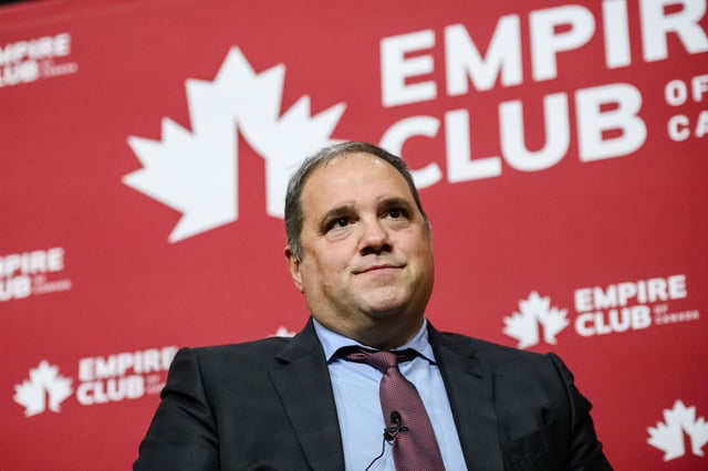 CONCACAF president and FIFA vice president Victor Montagliani speaks in Toronto Thursday, Feb. 1, 2024. (Christopher Katsarov/The Canadian Press via AP)