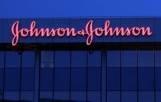 The logo of Johnson & Johnson is seen on the top of a Brussels' office of the company in Diegem, Belgium September 21, 2023.  REUTERS/Yves Herman/File Photo