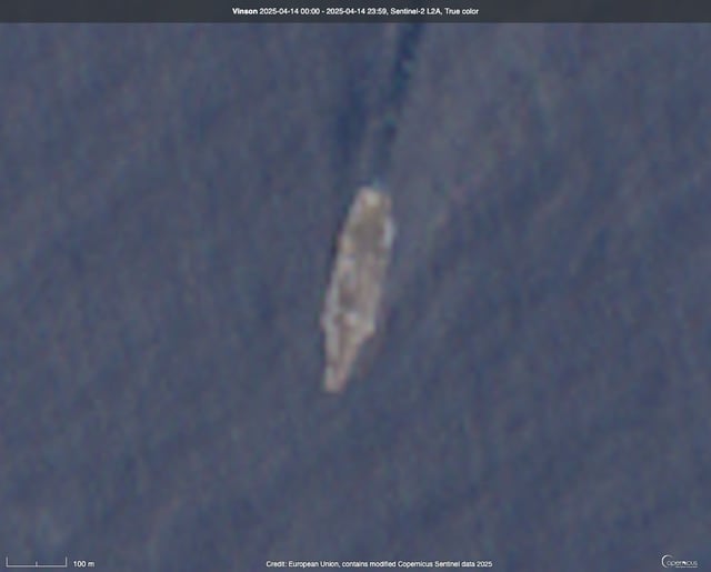 This image captured on April 14 by the European Space Agency&#39;s Sentinel-2 satellites shows the U.S. Navy aircraft carrier USS Carl Vinson operating in the Arabian Sea.