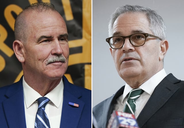 In this combination photo, judge Patrick Dugan speaks, March 31, 2025, in Philadelphia, left, and Philadelphia District Attorney Larry Krasner speaks during a news conference in Philadelphia, Jan. 31, 2022. (AP Photo)