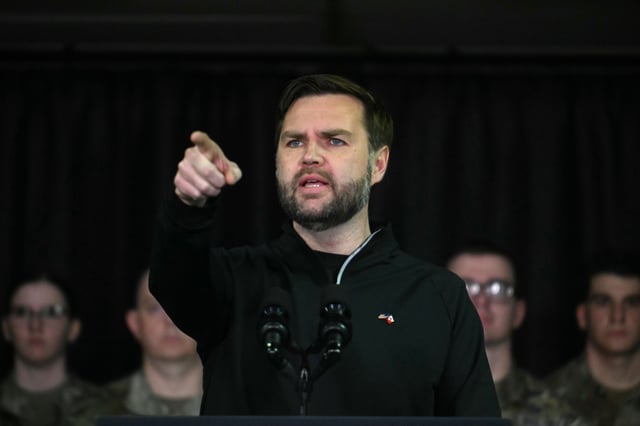 U.S. Vice President JD Vance speaks at the US military&#39;s Pituffik Space Base on March 28, 2025 in Pituffik, Greenland.