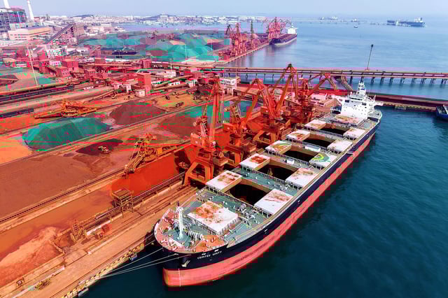 A cargo ship offloads imports in Qingdao, China, on March 6, 2025.