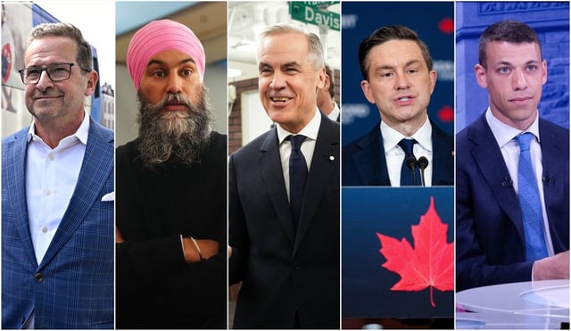 This composite image made from five file photos shows, from left to right, Bloc Quebecois Leader Yves-Francois Blanchet in Trois Rivieres, Que., Saturday, April 12, 2025; NDP Leader Jagmeet Singh in Toronto on Monday, April 14, 2025; Liberal Leader Mark Carney in Brampton, Ont., on Thursday, April 10, 2025; Conservative Leader Pierre Poilievre in Ottawa, Sunday, April 13, 2025 and co-leader of the Green Party Jonathan Pedneault in Montreal, Thursday, April 3, 2025. 