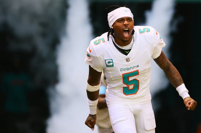 Sep 8, 2024; Miami Gardens, Florida, USA; Miami Dolphins cornerback Jalen Ramsey (5) runs onto the field before the game against the Jacksonville Jaguars at Hard Rock Stadium. Mandatory Credit: Sam Navarro-Imagn Images/ File Photo