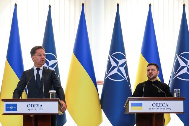 NATO Secretary General Mark Rutte and Ukraine's President Volodymyr Zelenskiy attend a joint press conference, amid Russia's attack on Ukraine, in Odesa, Ukraine April 15, 2025. REUTERS/Nina Liashonok