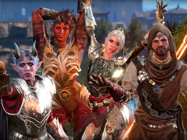 An assembled group of adventurers posing for a photo in Baldur's Gate 3.