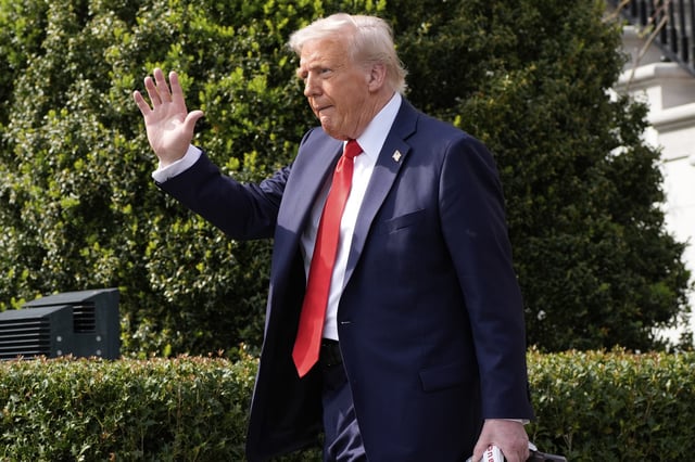 President Donald Trump waves as he departs after welcoming the 2025 College Football National Champions, the Ohio State University football team, during an event on the South Lawn of the White House, Monday, April 14, 2025, in Washington.