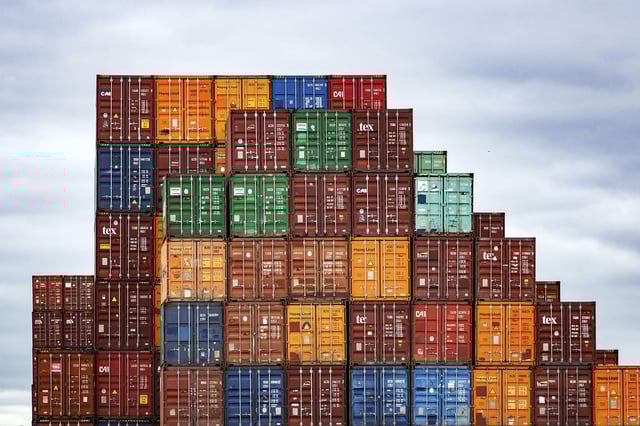 Shipping containers are seen stacked in the container yard at the Port of Baltimore in Maryland on April 12.