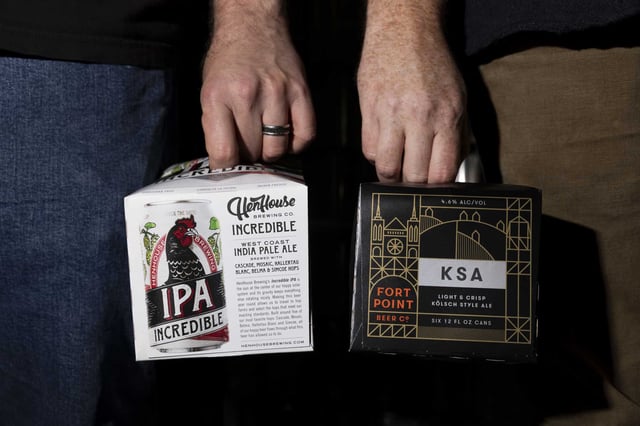 The flagship beers of the two breweries, respectively: HenHouse Incredible Pale Ale and Fort Point KSA.