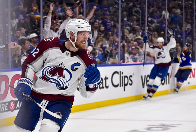 May 21, 2022; St. Louis, Missouri, USA; Colorado Avalanche left wing Gabriel Landeskog (92) reacts after scoring against St. Louis Blues goaltender Ville Husso (not pictured) during the third period in game three of the second round of the 2022 Stanley Cup Playoffs at Enterprise Center. Mandatory Credit: Jeff Curry-USA TODAY Sports/ File Photo