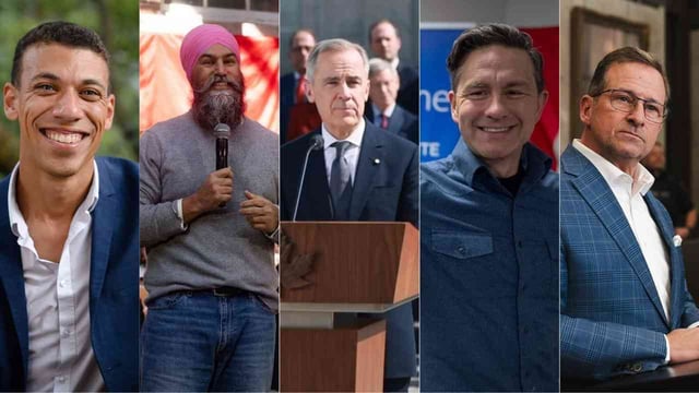 Pictured from left-to-right are Green Party co-leader Jonathan Pedenault, NDP leader Jagmeet Singh, Liberal leader Mark Carney, Conservative leader Pierre Poilievre, and Bloc Québécois leader Yves-François Blanchet.