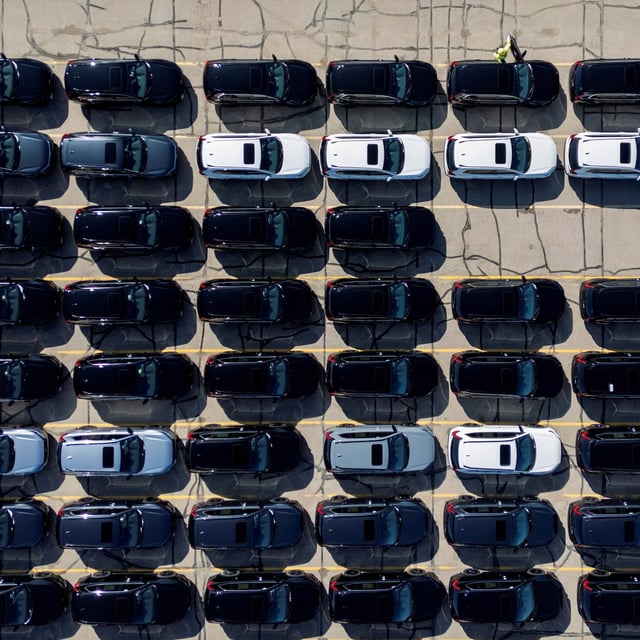 A drone view shows Honda vehicles parked at the company's automotive assembly plant in Alliston, Ontario, Canada, April 1, 2025. REUTERS/Carlos Osorio
