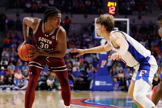 Feb 15, 2025; Gainesville, Florida, USA; South Carolina Gamecocks forward Collin Murray-Boyles (30) posts up against Florida Gators forward Thomas Haugh (10) during the first half at Exactech Arena at the Stephen C. O'Connell Center. Mandatory Credit: Matt Pendleton-Imagn Images/ File Photo