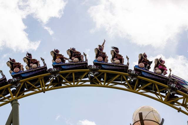 Guests ride Stardust Racers, a new dueling roller coaster ride, during a preview day for Universal Epic Universe on April 5, 2025. Orlando’s first new theme park in a generation is set to open to the public on May 22. (Patrick Connolly/Orlando Sentinel)