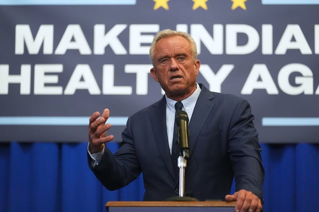 U.S. Health and Human Services Secretary Robert F. Kennedy, Jr speaks during a Make Indiana Healthy Again initiative event in Indianapolis, Tuesday, April 15, 2025. (AP Photo/Michael Conroy)